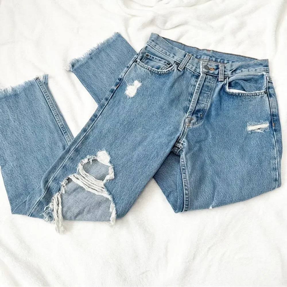 Carmar Emelia ripped distressed crop jeans high rise straight leg denim size 26